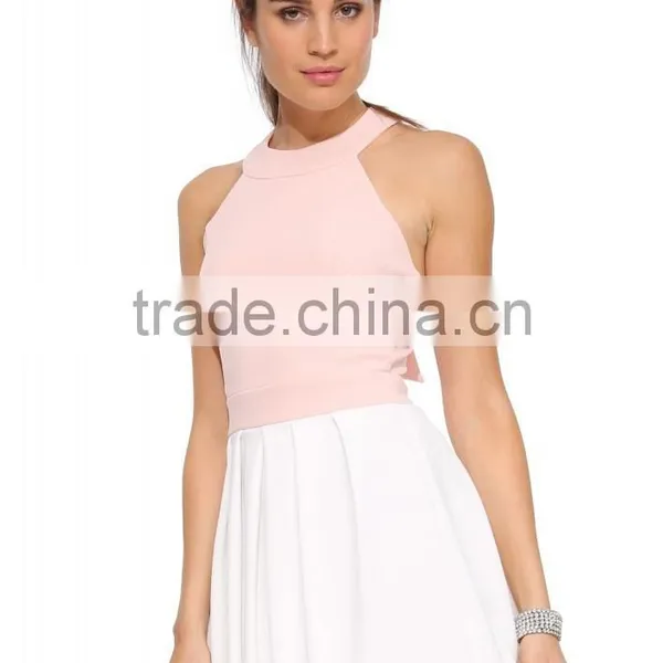 Ladies Sweet Style Back Bow Round Halter Neck Cross Back Elegant Fit and Flare Short Dress photo-3