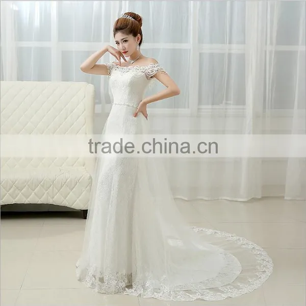 2017 Fashion Wedding Dress New Bride Korean Boat Neck Evening Dress Fishtail Skirt Long Drag Tail photo-2