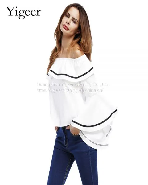 Off Shoulder Flare Sleeve Fashionable Loose Top Blouse photo-3