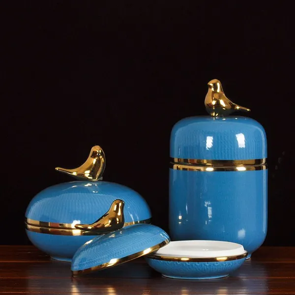 American Nordic Simple Gild Bird Hand Made Blue Black Ceramic Vase For Living Room photo-3