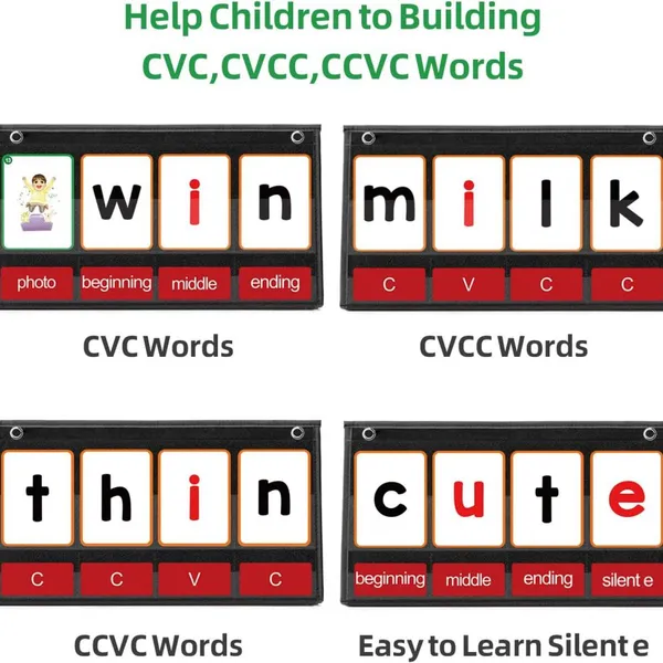 CVC Word Builder Desktop Pocket Chart With 107 Cards, Kids Word Builder Games for CVC CVCC CCVC Learning Reading Spelling Early Education Tool for Preschool Kindergarten Classroom photo-4