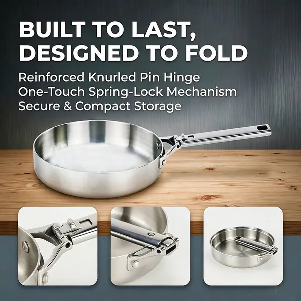 304 Stainless Steel Frying Pan With Foldable Handle for Storing Cookware, Tri-ply Stainless Steel, Induction Cooker, Electric Ceramic Stove, Suitable