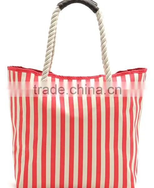 Wholesale Red and White Vertical Stripes Canvas Beach Tote Bag; Red and White Striped Large Canvas Beach Tote Bag photo-4