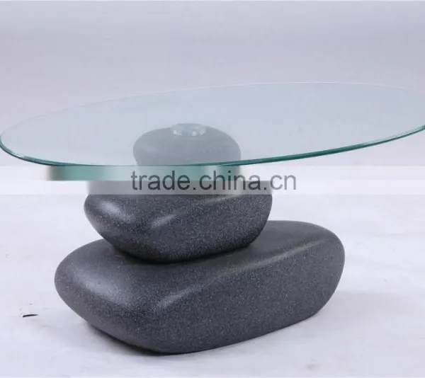 Hot Sale Tempered Glass Table Top and Stone Effect Painting Base Fiberglass Coffee Table