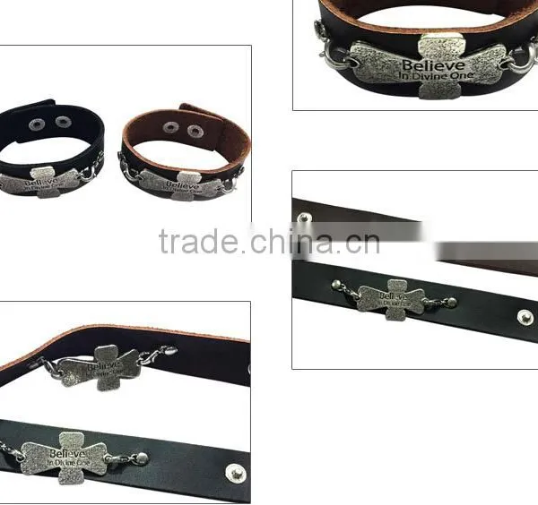 Words Engraved Leather Bracelet,genuine Leather Cross Bracelets,punk Style Wide Bracelets photo-4