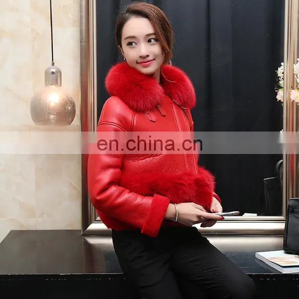 Korean Style High Quality Clothing Winter Women Leather Jacket With Fox Fur Collar photo-4