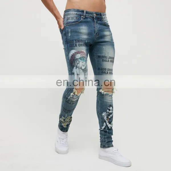 DiZNEW Spray Denim on Factory Wholesale Printing Dark Blue Fashion Mens Plus Size Pants & Jeans photo-5