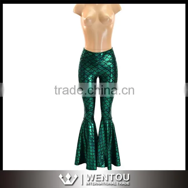 Bell Bottom Green Mermaid Scale Leggings With High Waist photo-5