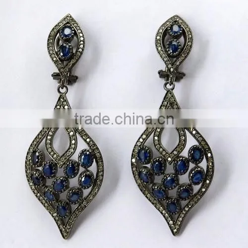 Bring The Heat !! Blue Sapphire & Diamond 925 Sterling Silver Earring, Dangler SIlver Earring, Indian Fashion Silver Jewelry photo-6