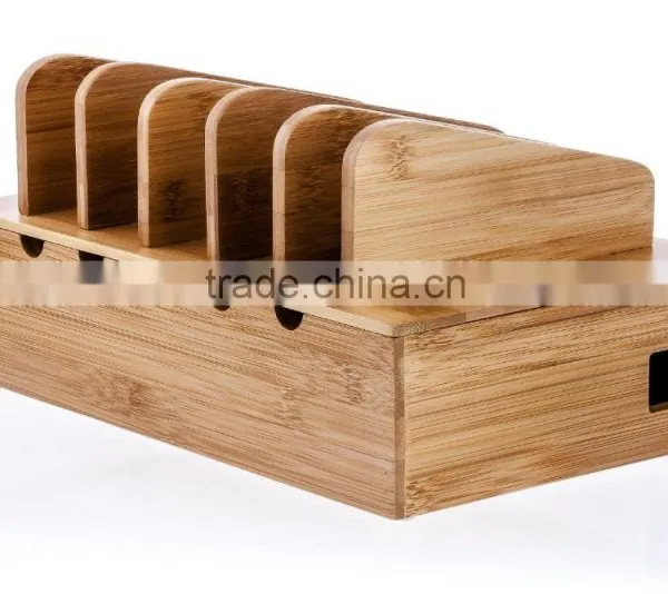 Natural Bamboo Charging Station Rack With Charge Power Strip Storage