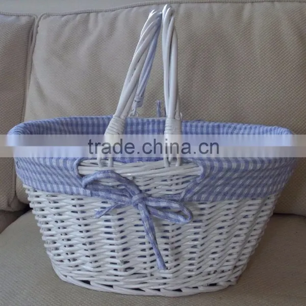 White Lined Wicker Basket With Handles Blue Gingham Toy Storage or Shopping and Gardening photo-2