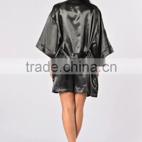 Night Wear Sexy Open Front Mid-Length Kimono Sleeves Waist Tie Satin Robes Women Silk photo-6
