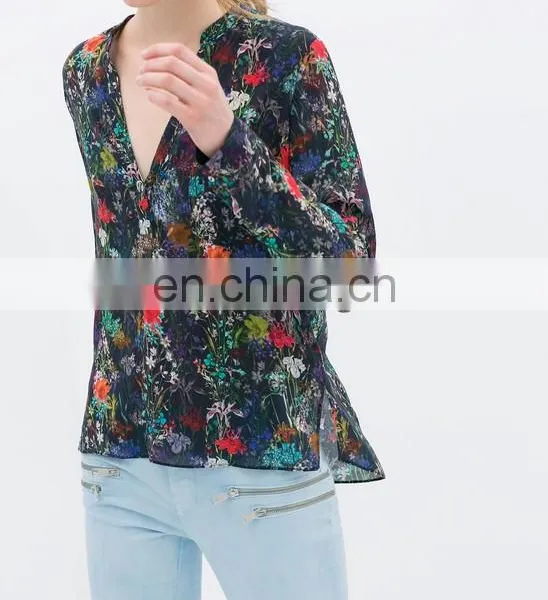 Hot Selling China Clothing Floral Print Long Sleeve Sheer Chiffon Blouses