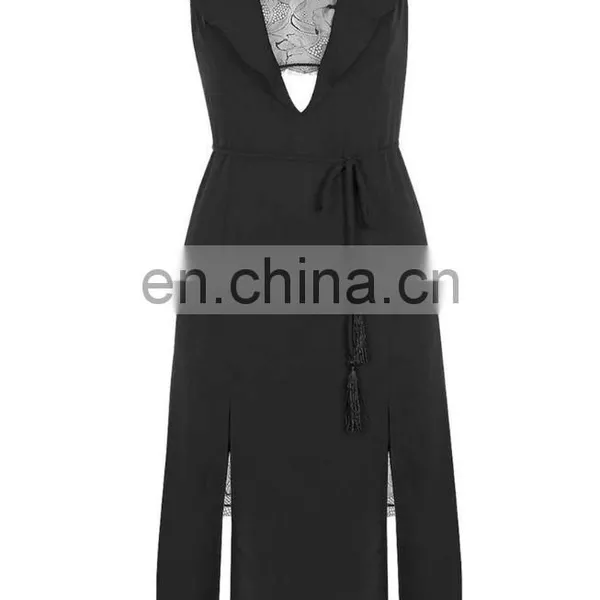 Wholesale Women Clothes Sexy Black Color Lace Trim Flutter Sleeve Midi Dress photo-6
