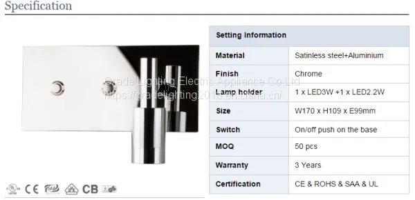 Chrome Indoor Bedside Led Wall Reading Lamps for Hotel/home With Double Light Wall Mounted Light
