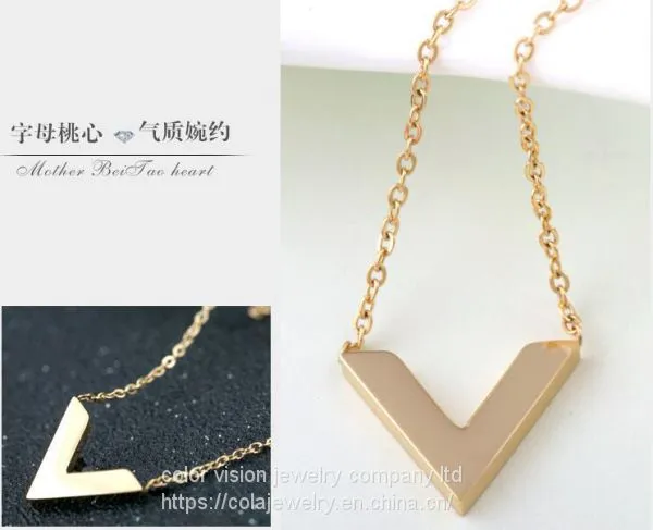 Ladies Jewelry Fashion Stainless Steel Gold Plated Letter′s Pendant Necklace V Sharp Pendant Necklace photo-4