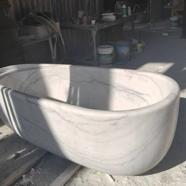 High Quality Large Size White Color Customized Real Stone Marble Oval Bathtub Floor Free Standing Bathtub photo-2
