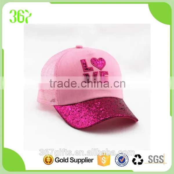 Newest Design 6-panel Girl Shiny Mesh Baseball Cap With Sequined Curved Brim