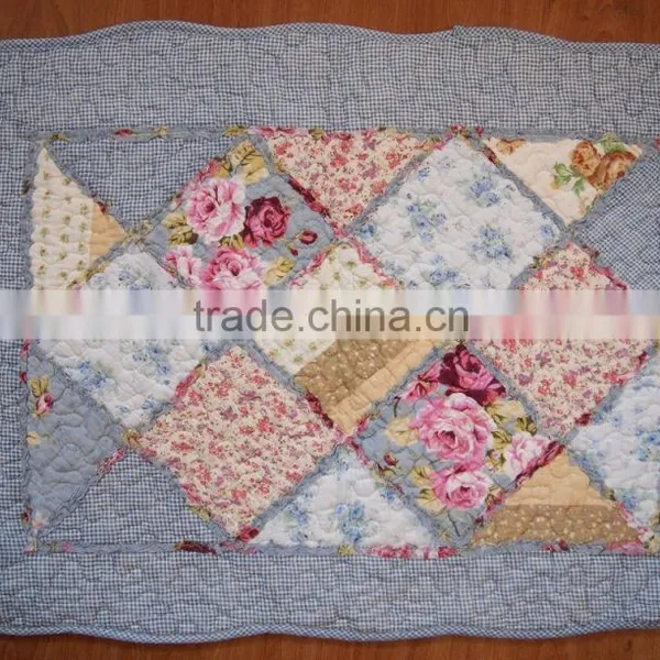 Shabby Chic Blue Floral Patchwork Quilted Cotton Bedroom Bath Floor Mat Rug