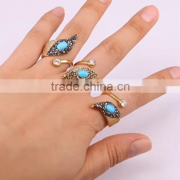 New Style Gold Design Ring, Pave Crystal Zircon Turquoise Stone Rings photo-5