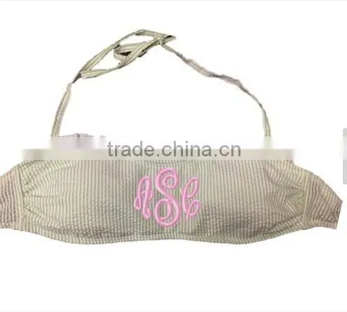 Monogrammed Ruffle Seersucker Bandeau Bikini Bathing Suit Top photo-6