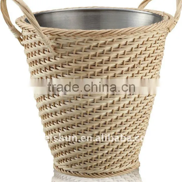 Round Stainless Steel Ice Bucket in Rattan Baskets