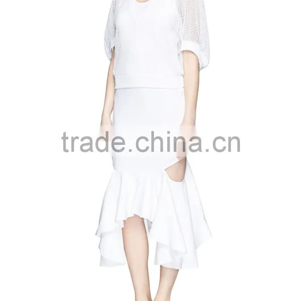 Korea Style Fashion Design Lady Custom Bell Sleeve Mesh Knit Sweater photo-4
