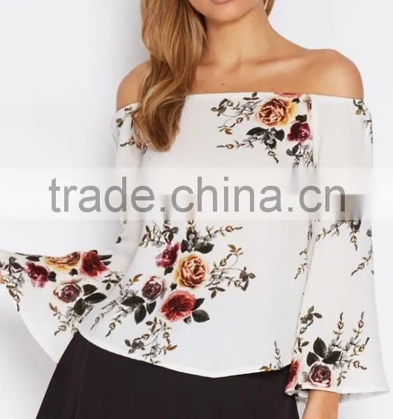 Hot Selling Women Casual Floral Printed off Shoulder Boat Neck Designs Fashion Long Sleeve Blouse for Wholesale 2017 photo-3