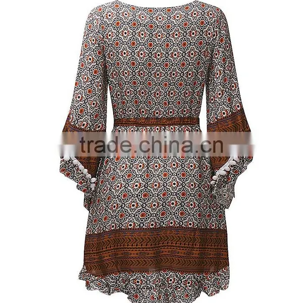 Wholesale Ladies Flare Sleeve Sexy Bohemian Dress Vintage Printed Mini Dresses For Women photo-5