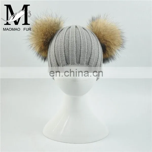 Wholesale Fashion Cheap Kids Knitted Hats Real Fur Two Poms Kids Hat Winter photo-4