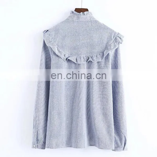 China Supplier Long Sleeve Stand Collar Striped Embroidery Shirts Women Tops and Blouses photo-2