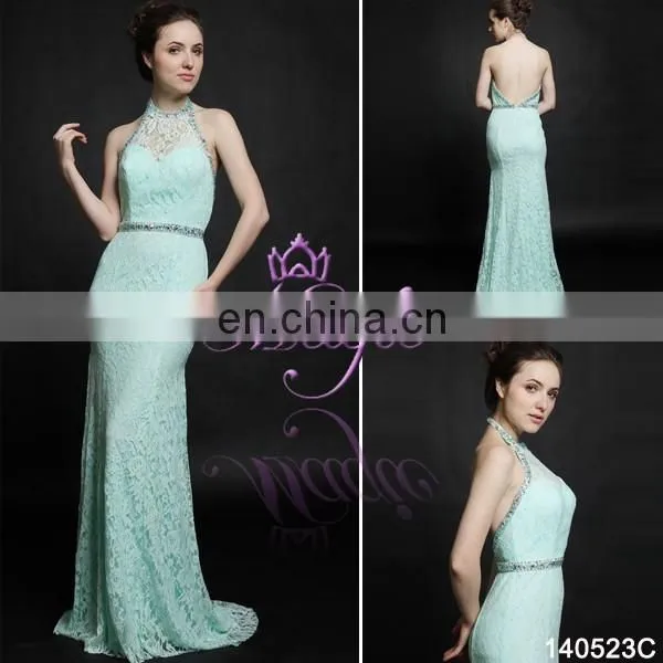 Latest Design Made in China Natural Halter Bead Sexy Open Back Long Lace Evening Dress