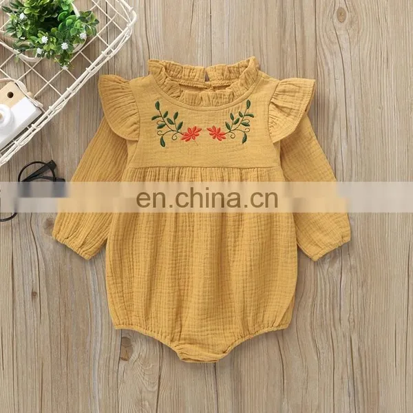 Wholesale Fashion Romper Full Sleeve Ruffle Flower Embroidery Baby Linen Romper photo-4