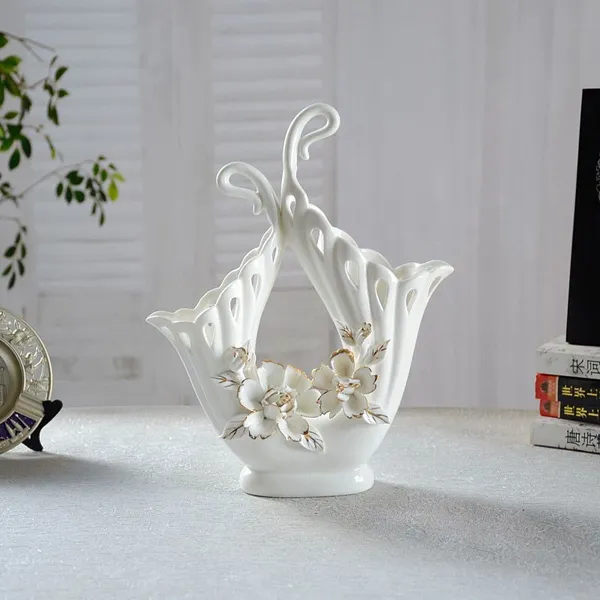 Hollow Out Gild Modern Art Hand Made Large White Ceramic Vase For Living Room Decor photo-3