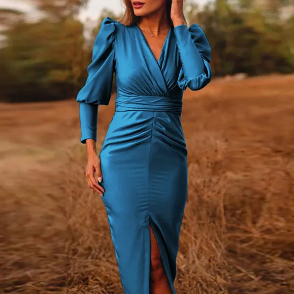 Simple and Generous Solid Color V-neck Split Women Dress photo-3