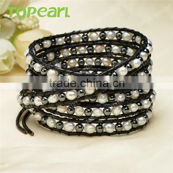 Topearl Jewelry 2016 Popular Freshwater Pearl Hematite Bracelet Woven Leather Wrap Bracelets for Women 33.5 Inches CLL132 photo-3