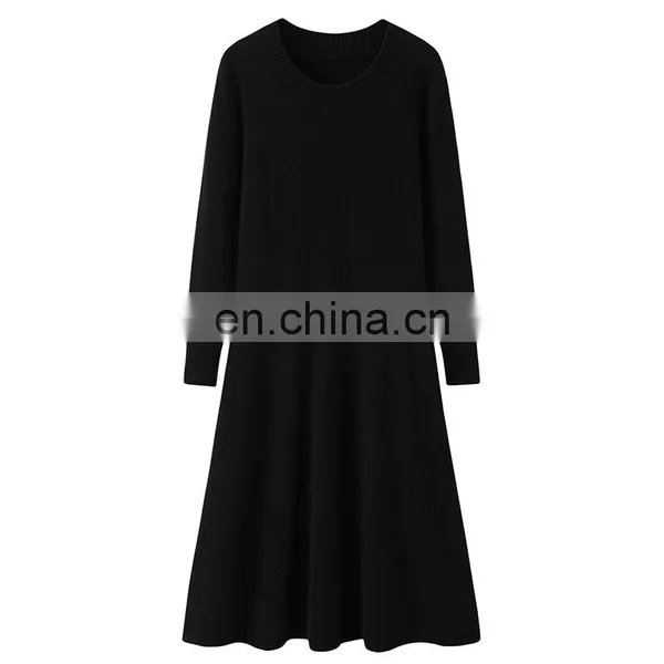 Lady's Knitted A-Line Dress With Long Sleeves Sexy Solid Color Breathable Cashmere Natural Waist Knee-Length Spring Fall Seasons photo-3