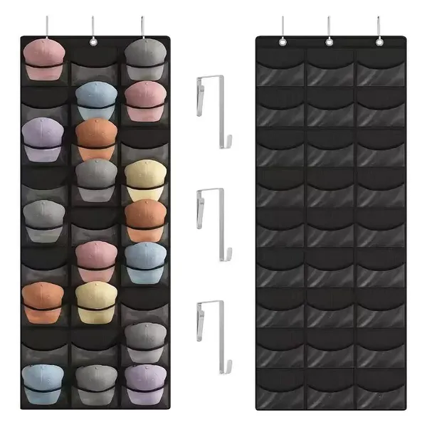 Hat Organizer Racks for Baseball Caps, Visible Hat Holder Rack for Wall Door with 3 Hooks, 27 Deep Pockets