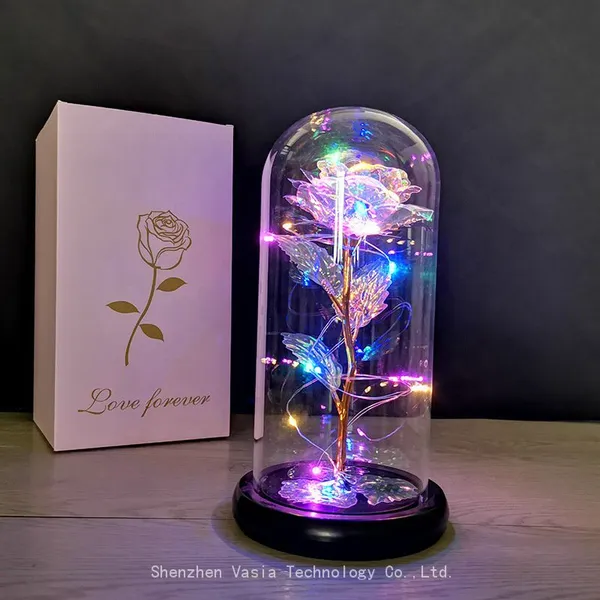 24K Gold Foil Rose in Glass Dome With Colorful LED Light for Women Mom Valentines Mothers Day Gifts Bulk photo-2