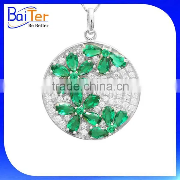 Unique Custom Rhodium Plated CZ 925 Sterling Silver Lab Created Emerald Cross Pendant photo-4