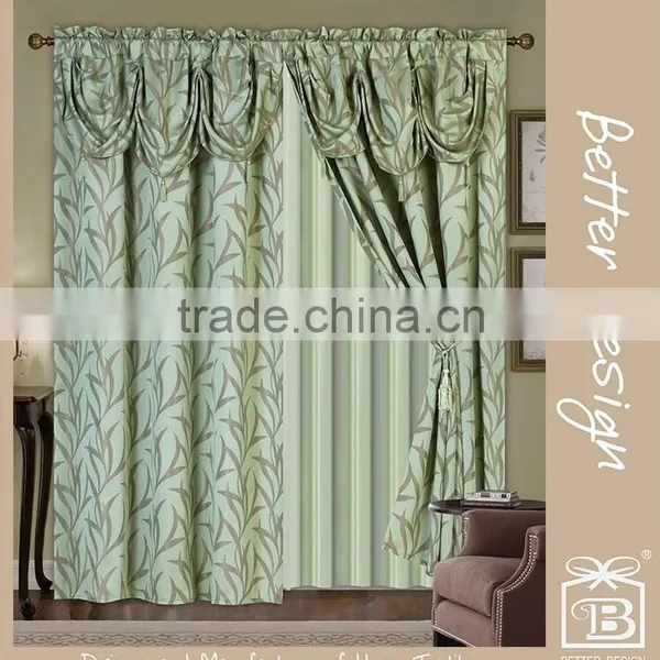 2pcs Green Jacquard Valance Fabric Curtains With Taffeta Backing And Tassels in Arab Style Design For Arabic Home