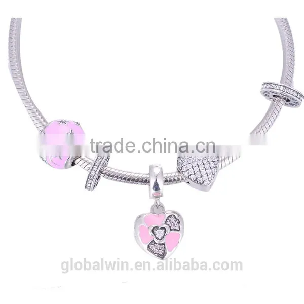 Hot Sale Blue Enamel Solid S925 Heart Silver Plated Bell Couple Bracelet Key Lock Personal Long Chains SlideCharms Pendants photo-6