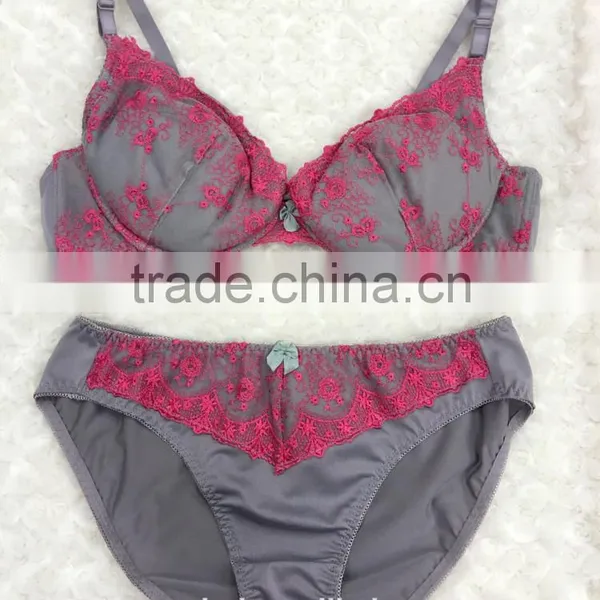 Young Ladies Stylish Soft Cup Lace Gray Sexy Women Bra Panty Sets photo-4