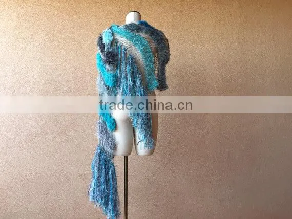 Teal Shawl Aqua Scarf Ocean Seafoam Turquoise Grey Black White Charcoal Hand Knit Striped Fringe Shawl Wrap Cape photo-4