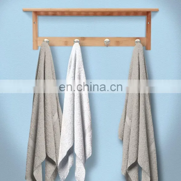 Bamboo Bathroom Shelf Wall Mounted Storage Organizer Towel Shelves Kitchen Living Room With 4 Stainless Steel Hooks photo-2