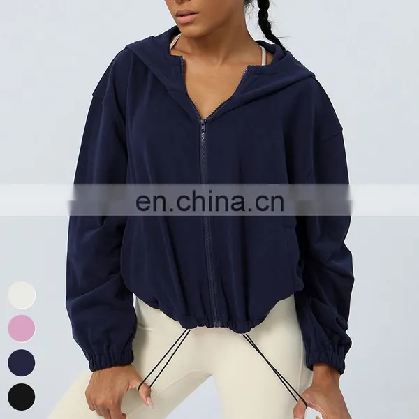 Drawstring Hoody Loose Casual Running Coat Zipper Sports Jackets Long Sleeve Gym Fitness Hooded Wear Yoga Jacket For Women photo-5