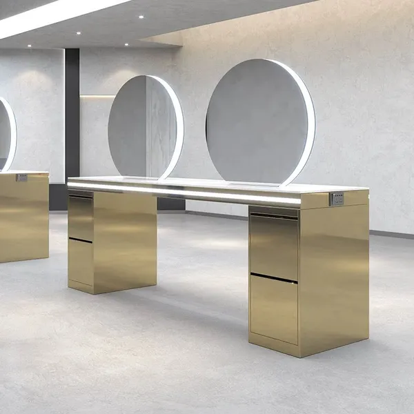 Modern Gold Salon Mirror Station With Storage and Styling Light Stainless Steel Salon Furniture for Barber Station