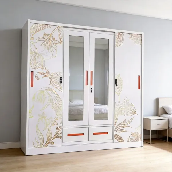 Knock‑down Pattern Printed Steel Home Wardrobe 3‑Door 4‑Door Clothes Storage Cabinet With Mirror Drawer Design OEM Custom For Export