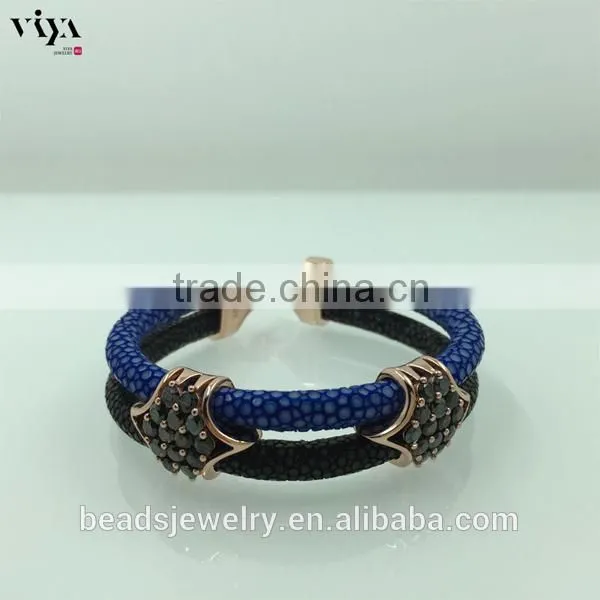 2016 Fashion Silver Plated Black Colors Genuine Leather Bracelet Custom Men Yellow Python Leather photo-5