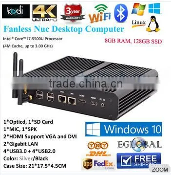 Fanless Mini PC intel CPU Core i7 5500U Desktop Windows10 barebom intel HD 5500 Graphics 2*LAN port 2HDMI port Gaming Computer